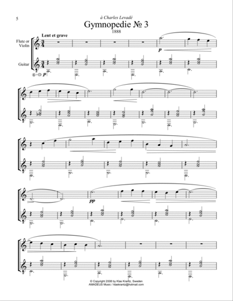 Gymnopedie (1,2,3) for violin or flute and guitar Flute scores gallery preview page 6