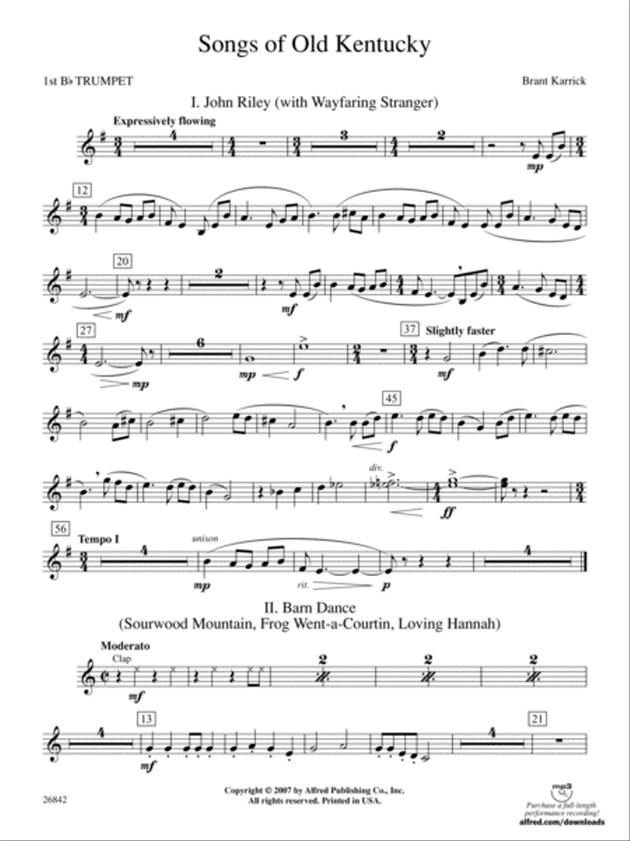 Songs of Old Kentucky: 1st B-flat Trumpet Concert Band scores gallery preview page 1