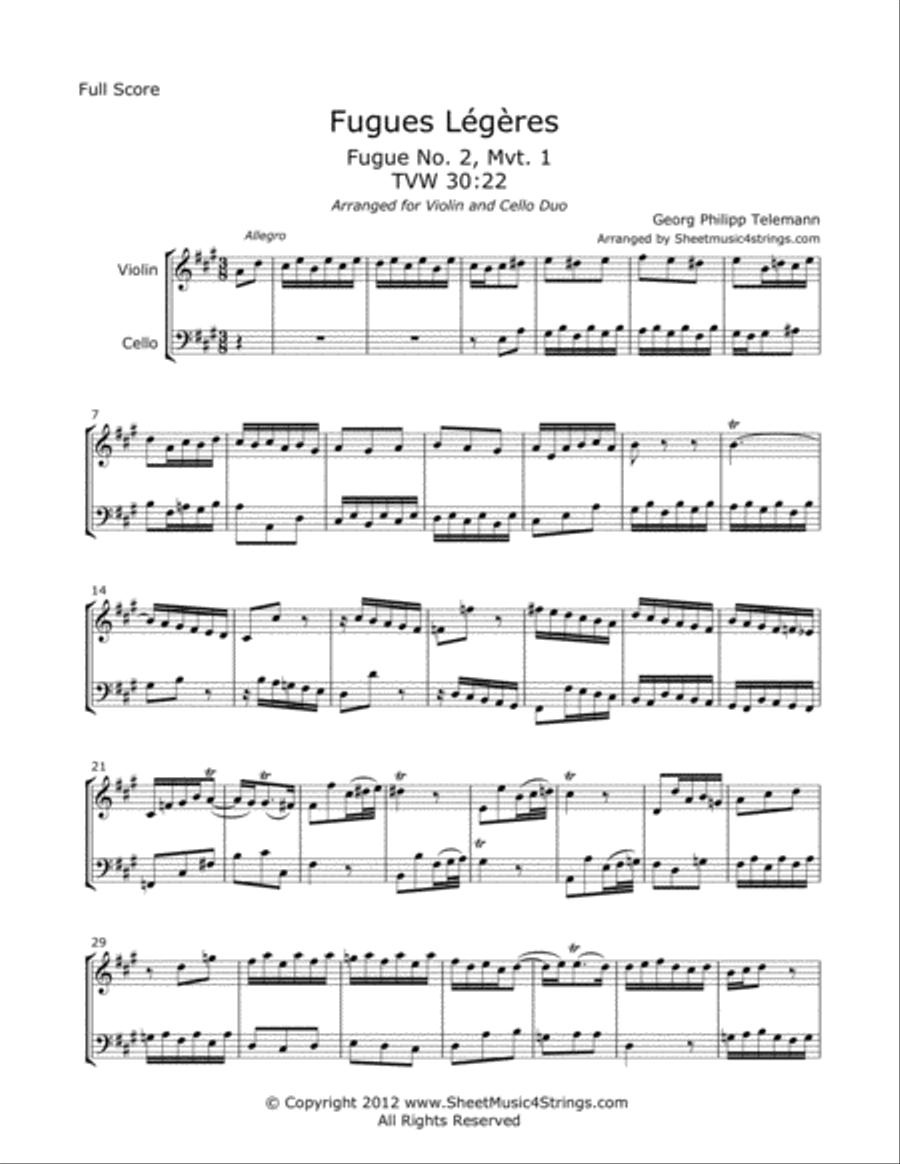 Telemann, G. - Fugues Legeres for Violin and Cello String Duet scores gallery preview page 1