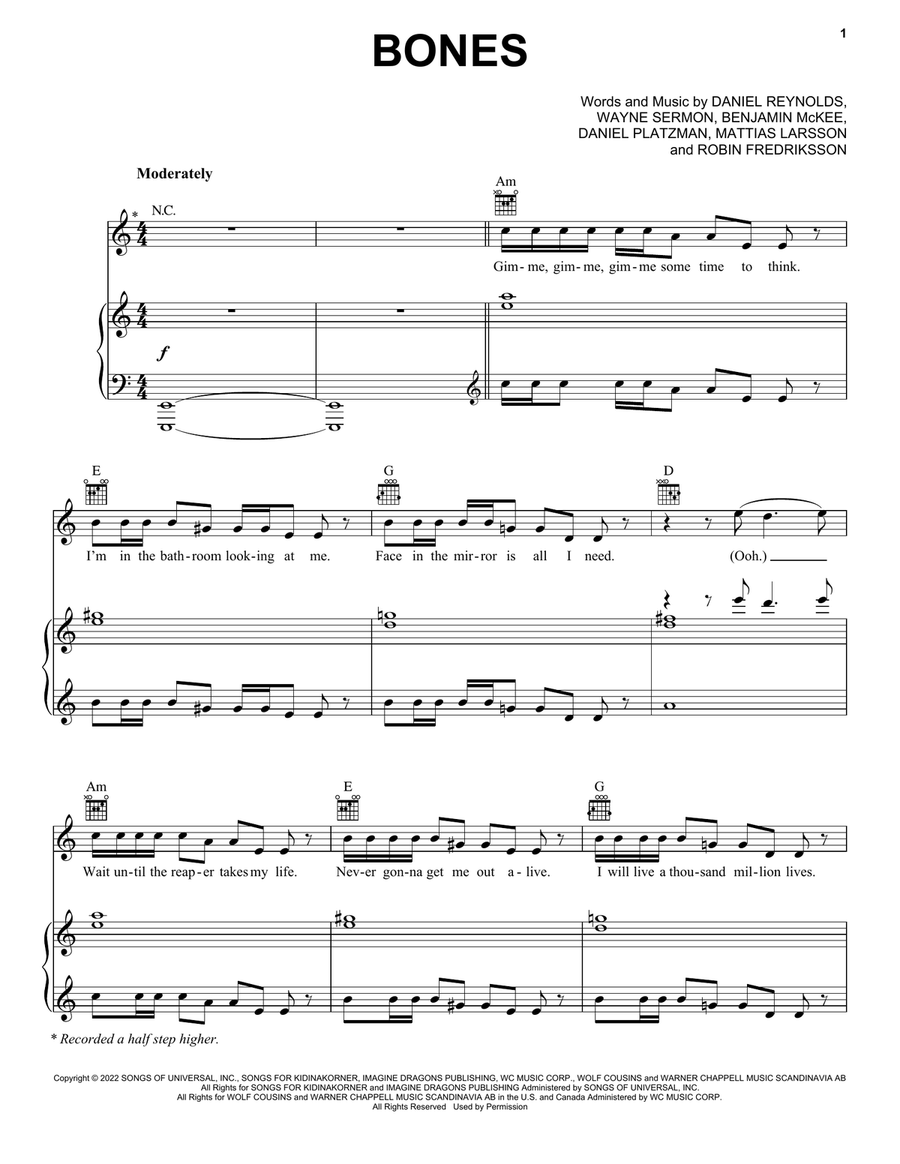 Bones Piano, Vocal, Guitar scores gallery preview page 1