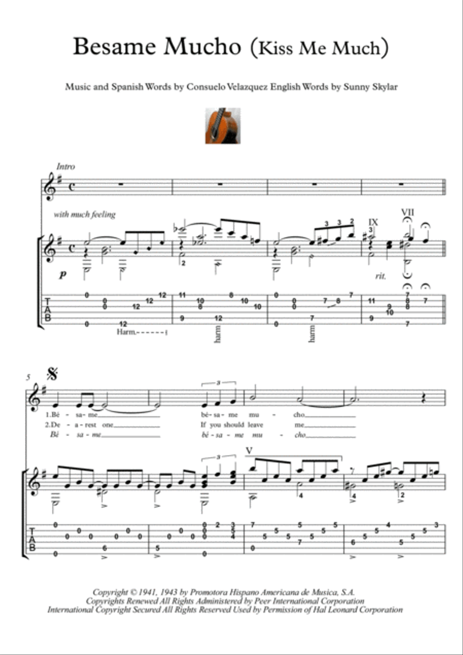 Besame Mucho (Kiss Me Much) Guitar Tablature scores gallery preview page 1