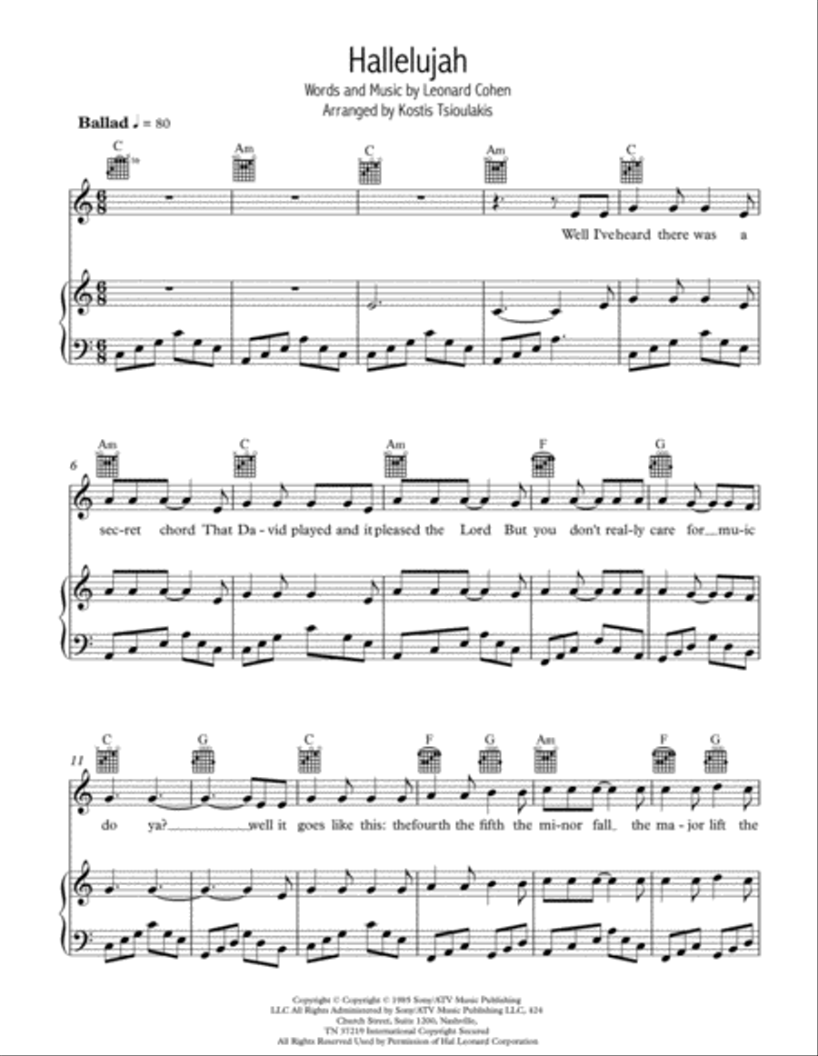 Hallelujah Piano, Vocal, Guitar scores gallery preview page 1