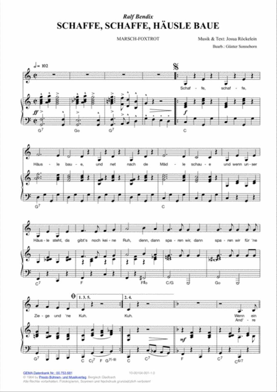 Schaffe, schaffe, Hausle baue Piano, Vocal, Guitar scores gallery preview page 2