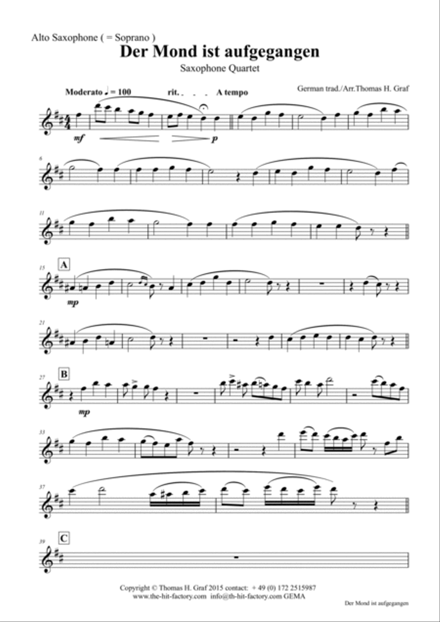 Der Mond ist aufgegangen - German Folk Song - Saxophone Quartet Saxophone Quartet scores gallery preview page 4