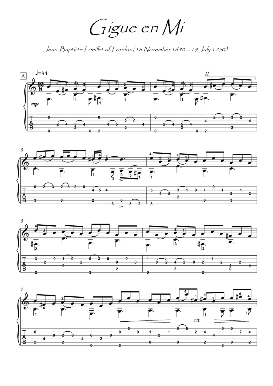 Jean Baptiste Loeillet baroque guitar Acoustic Guitar scores gallery preview page 2