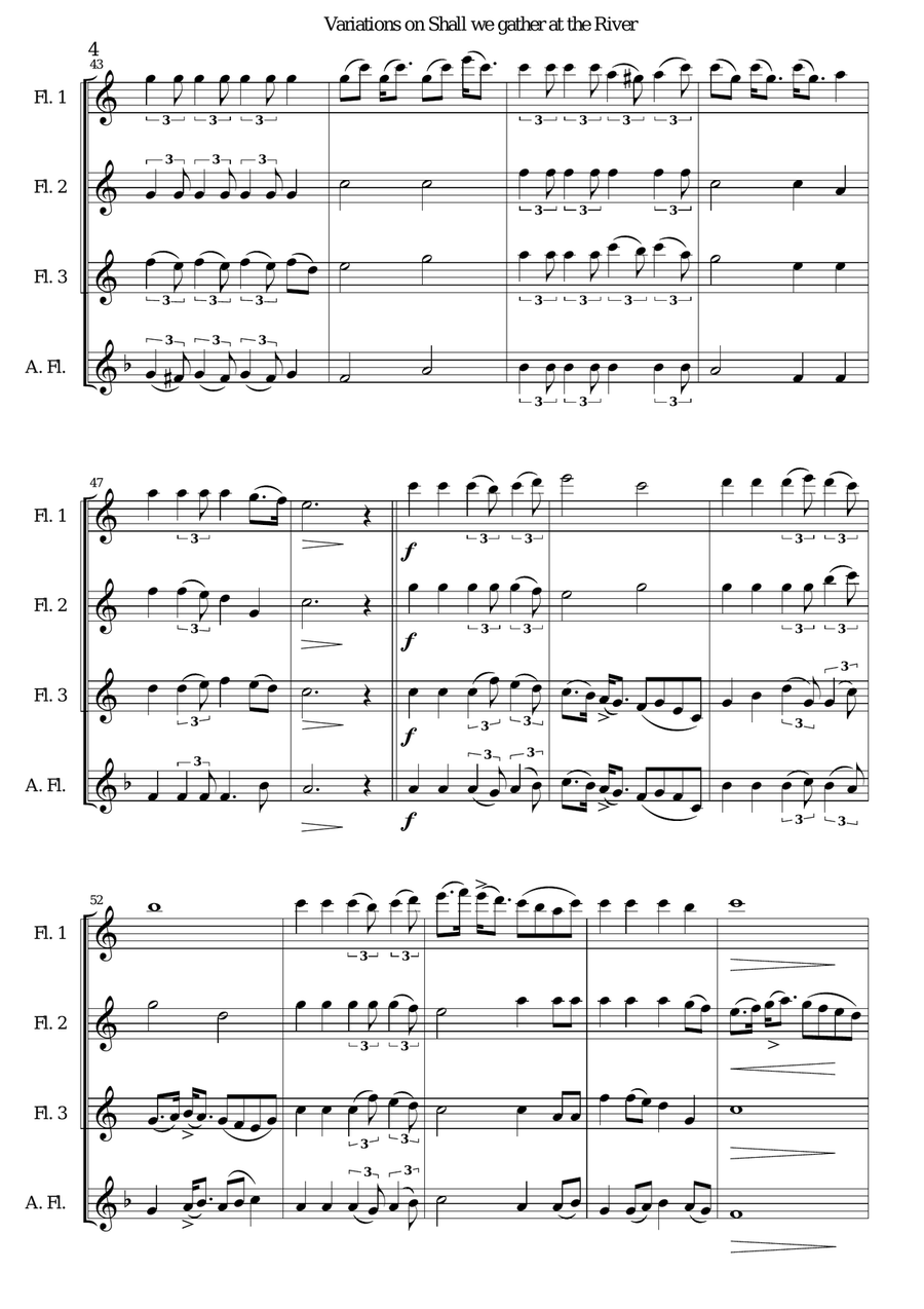 Variations on Shall we gather at the river for flute quartet (3 flutes and 1 alto flute) Flute Quartet scores gallery preview page 4