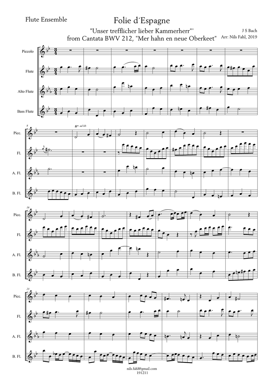 J S Bach La Folie d´Espagne - Unser trefflicher - Peasant Cantata, BWV 212. Flute Ensemble (Picc, F Woodwind Quartet scores gallery preview page 1