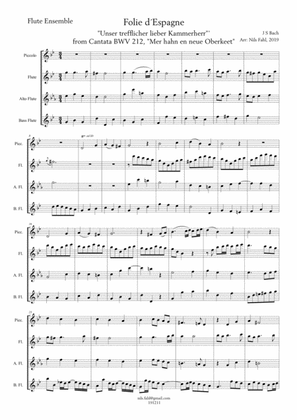Book cover for J S Bach La Folie d´Espagne - Unser trefflicher - Peasant Cantata, BWV 212. Flute Ensemble (Picc, F