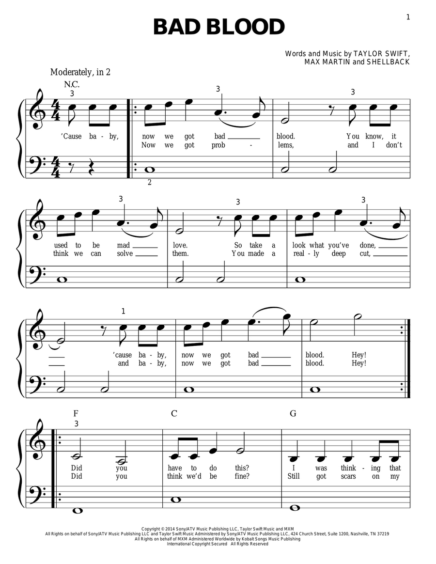 Bad Blood Easy Piano scores gallery preview page 1