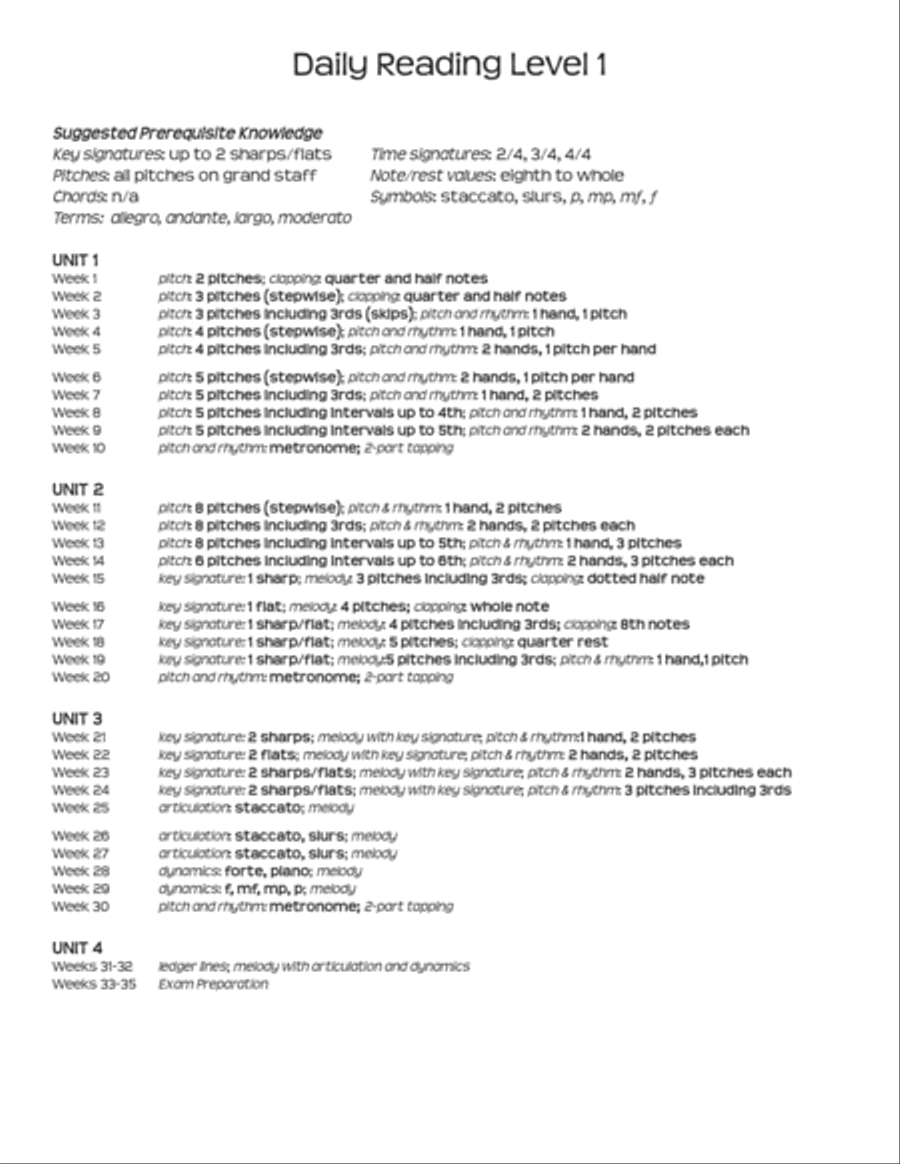 Daily Reading Level 1 - music reading comprehension for piano students