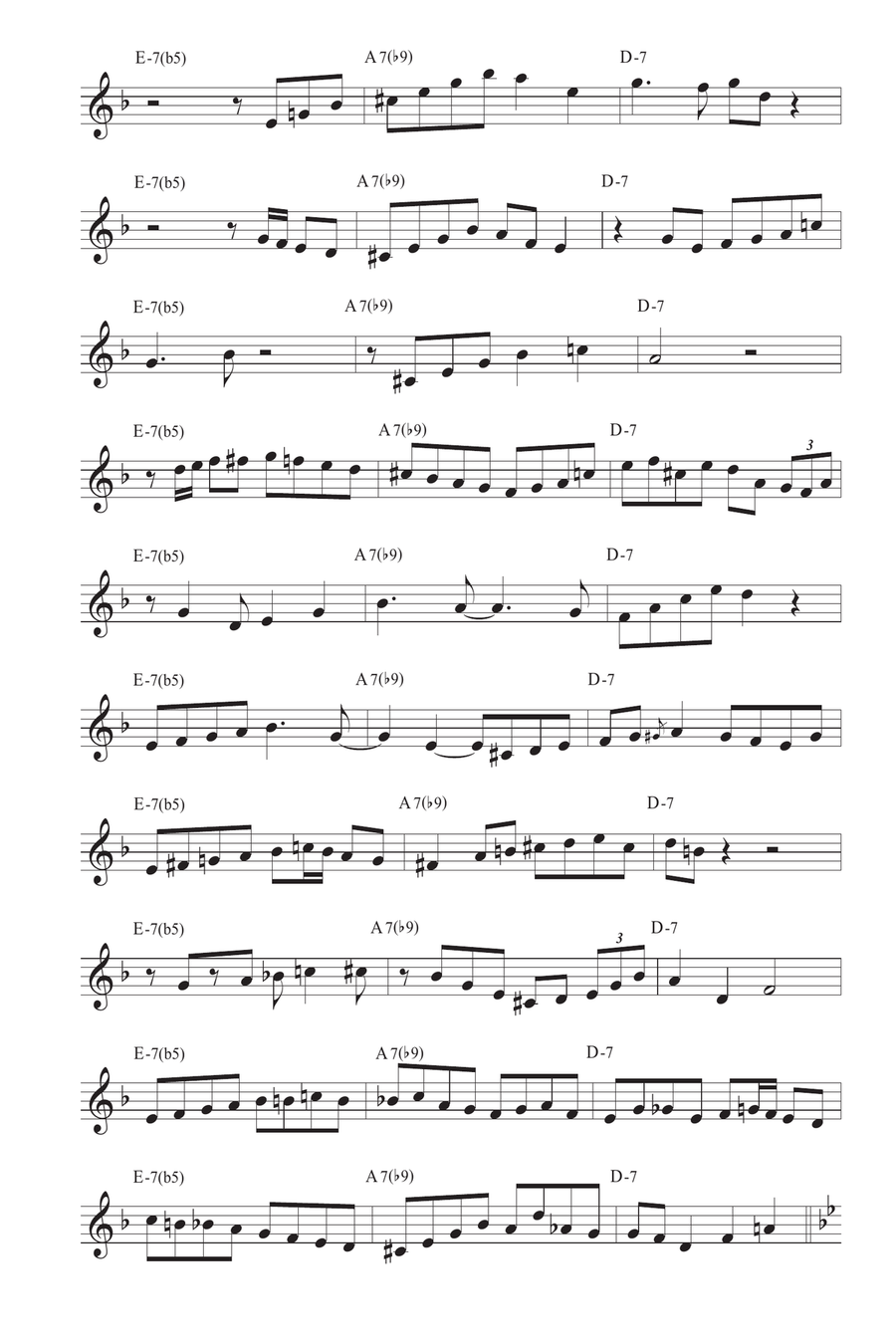 10 easy minor II-V-I licks Chet Baker in 12 keys - Treble clef