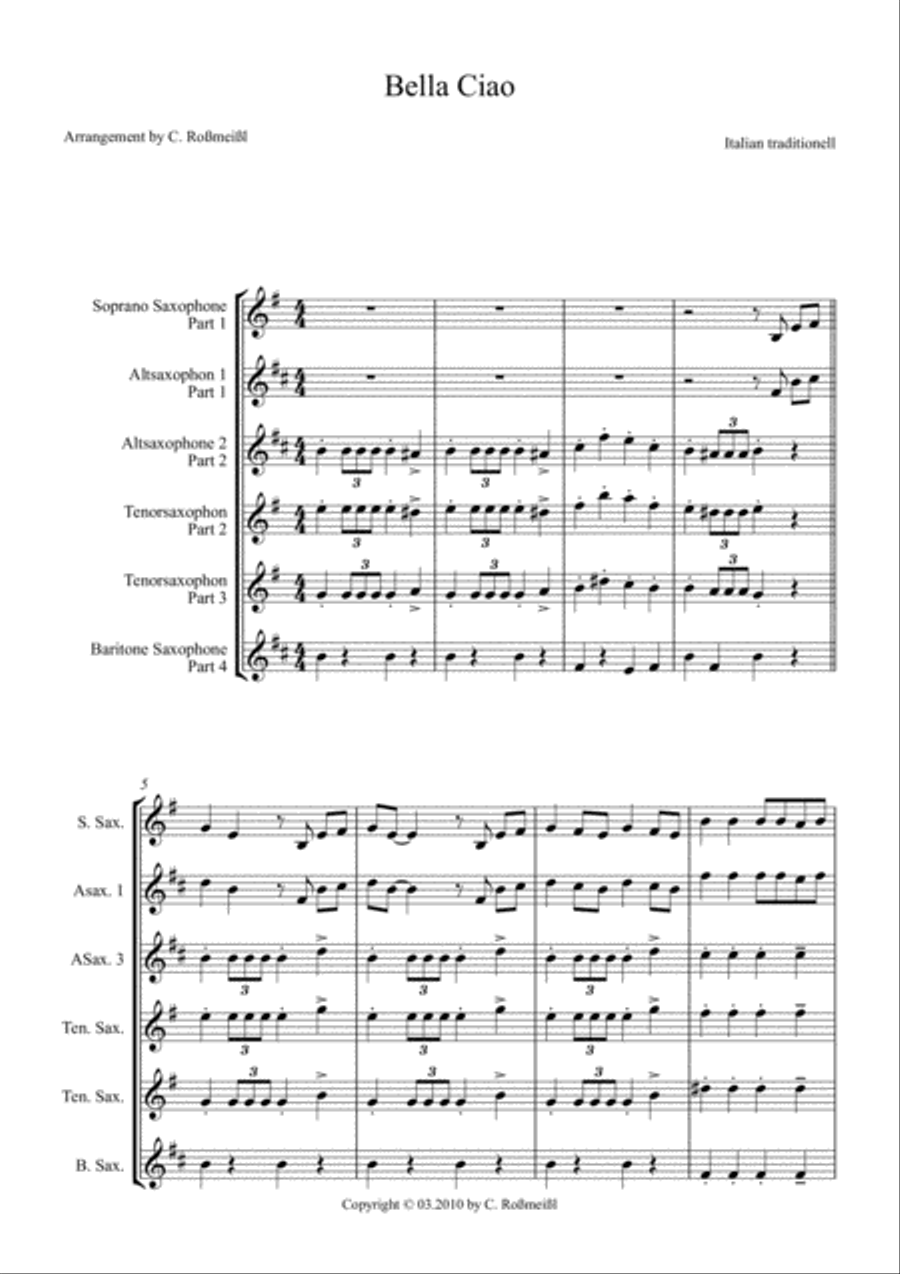 Bella Ciao for Saxophonquartet Woodwind Quartet scores gallery preview page 2