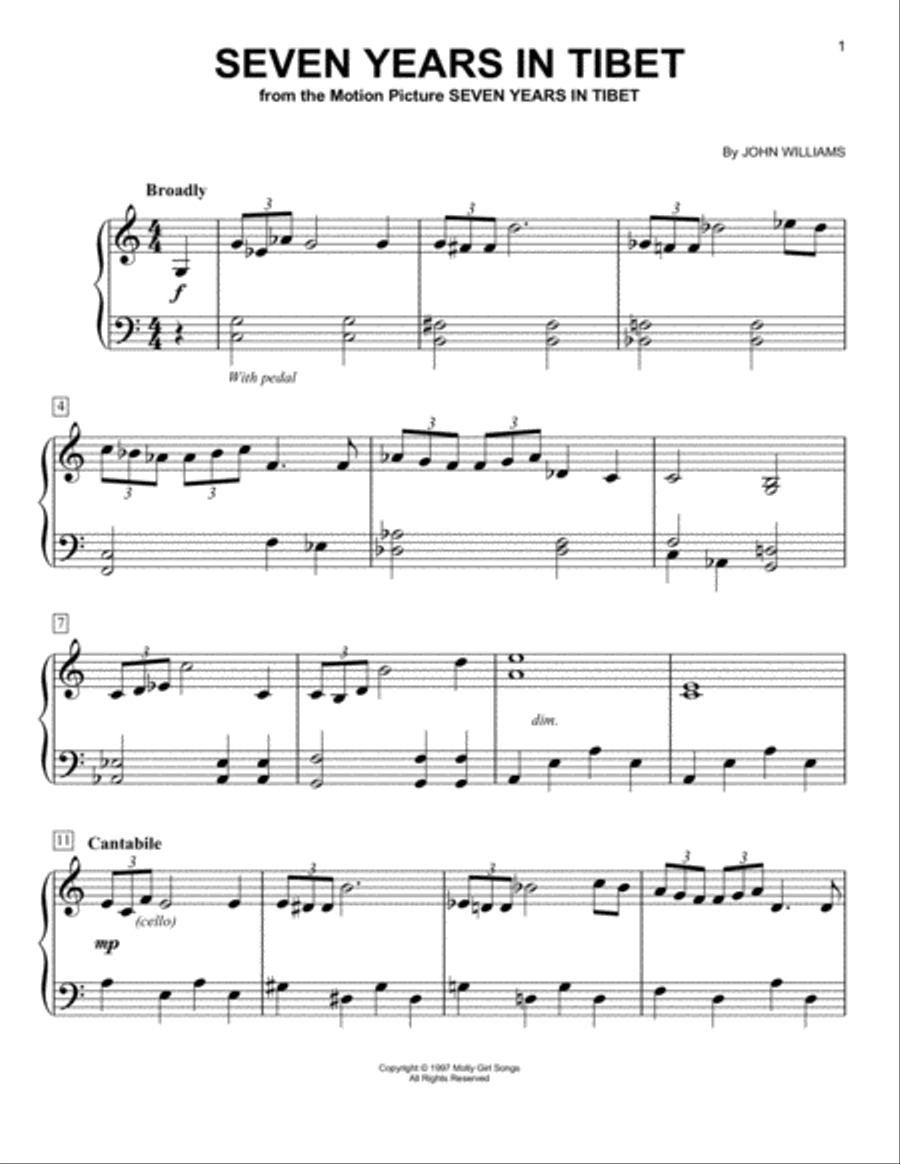 Seven Years In Tibet Easy Piano scores gallery preview page 1