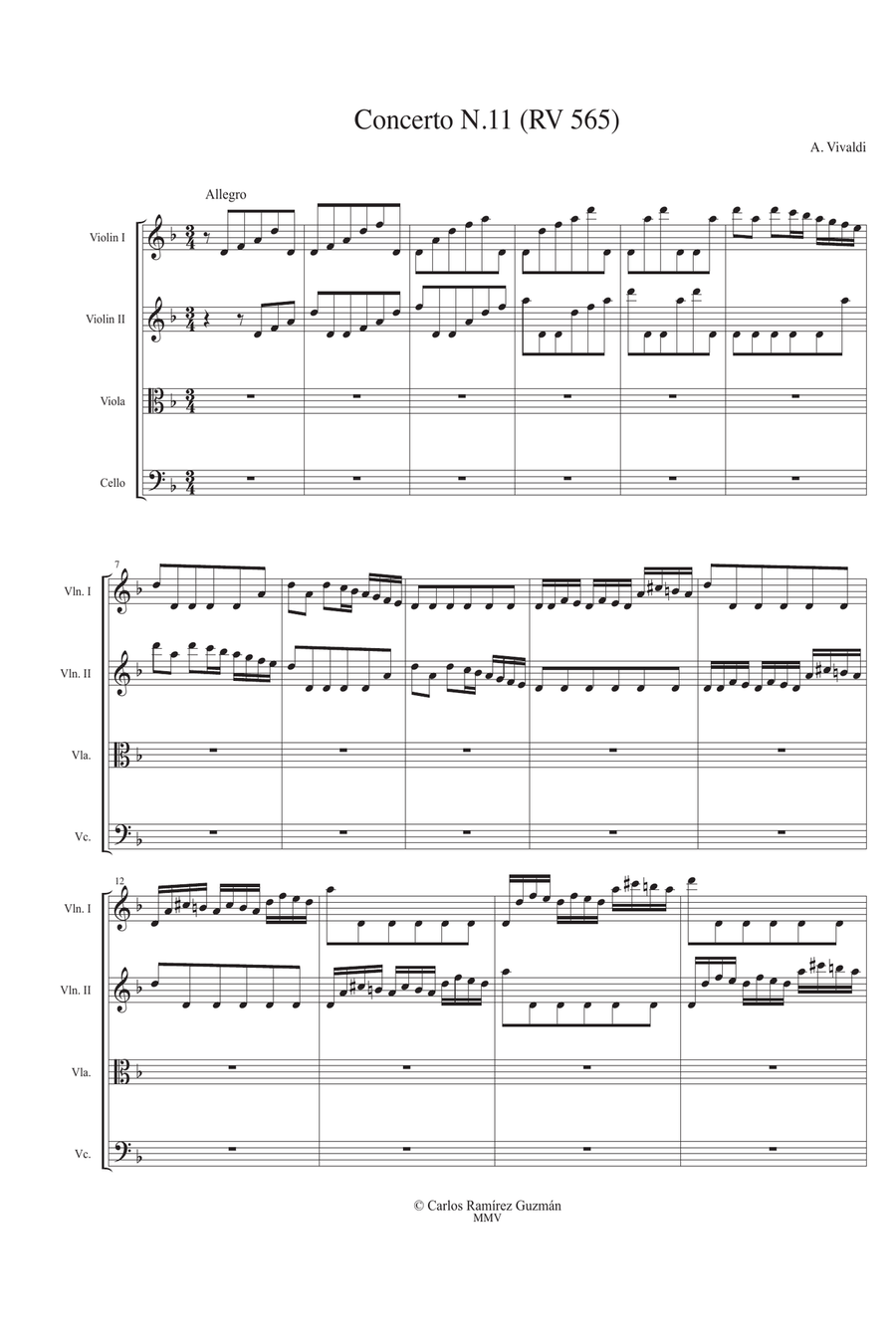 Vivaldi Concerto RV 565 in d min arr. String Quartet Score and parts String Quartet scores gallery preview page 1