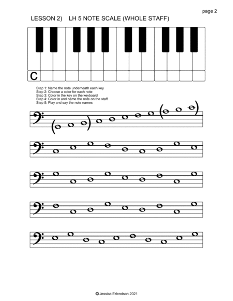 Music Theory Colouring Booklet lesson 2 - the 5 note scale (whole staff) Concert Band scores gallery preview page 3