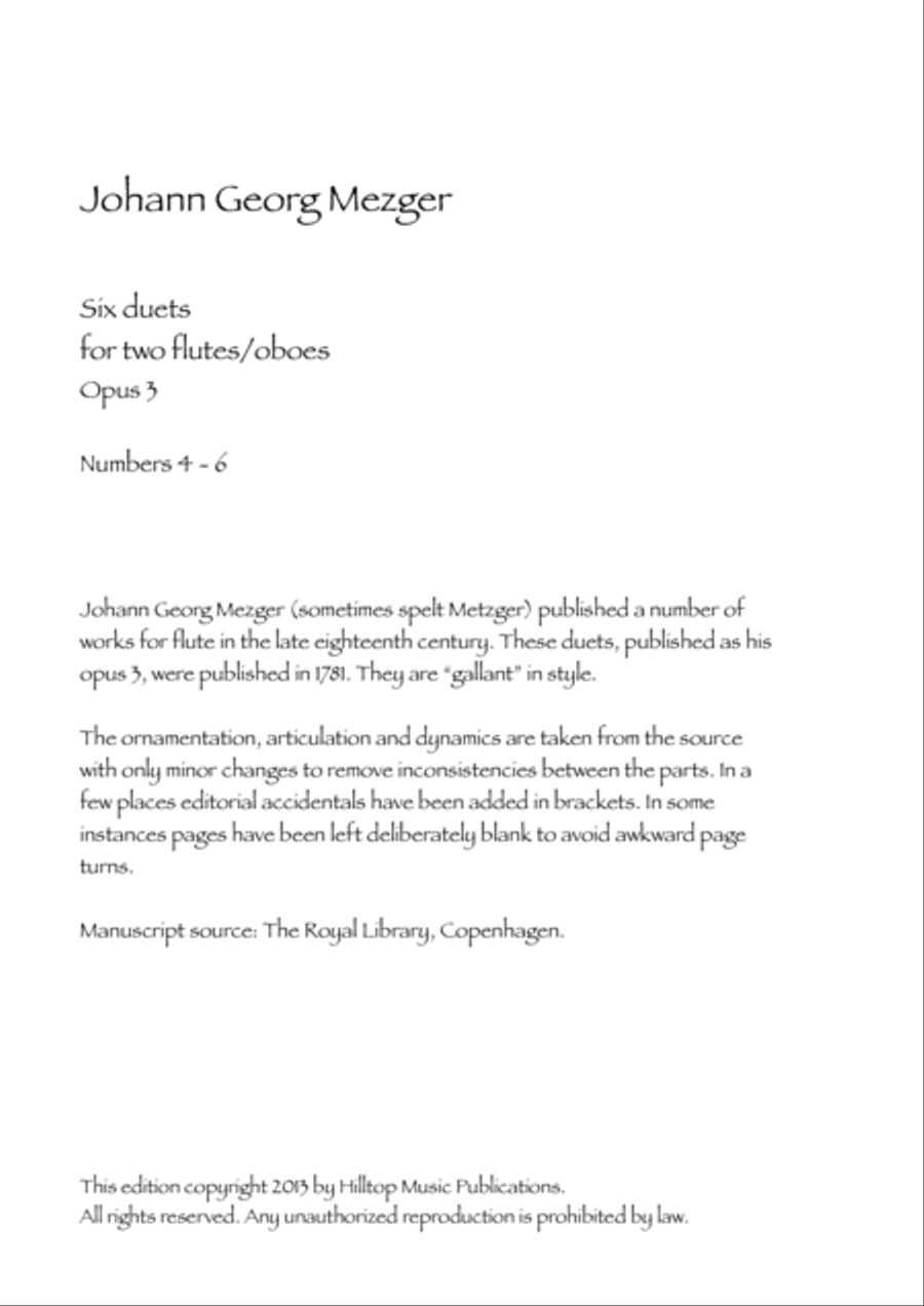 Mezger Six Duets for two flutes Op. 3 No. 4 - 6 Flute Duet scores gallery preview page 1