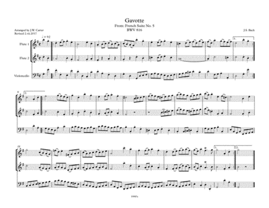 Gavotte, from French Suite No. 5, BWV 816, by J.S. Bach, arranged for 2 Flutes & Cello image number null