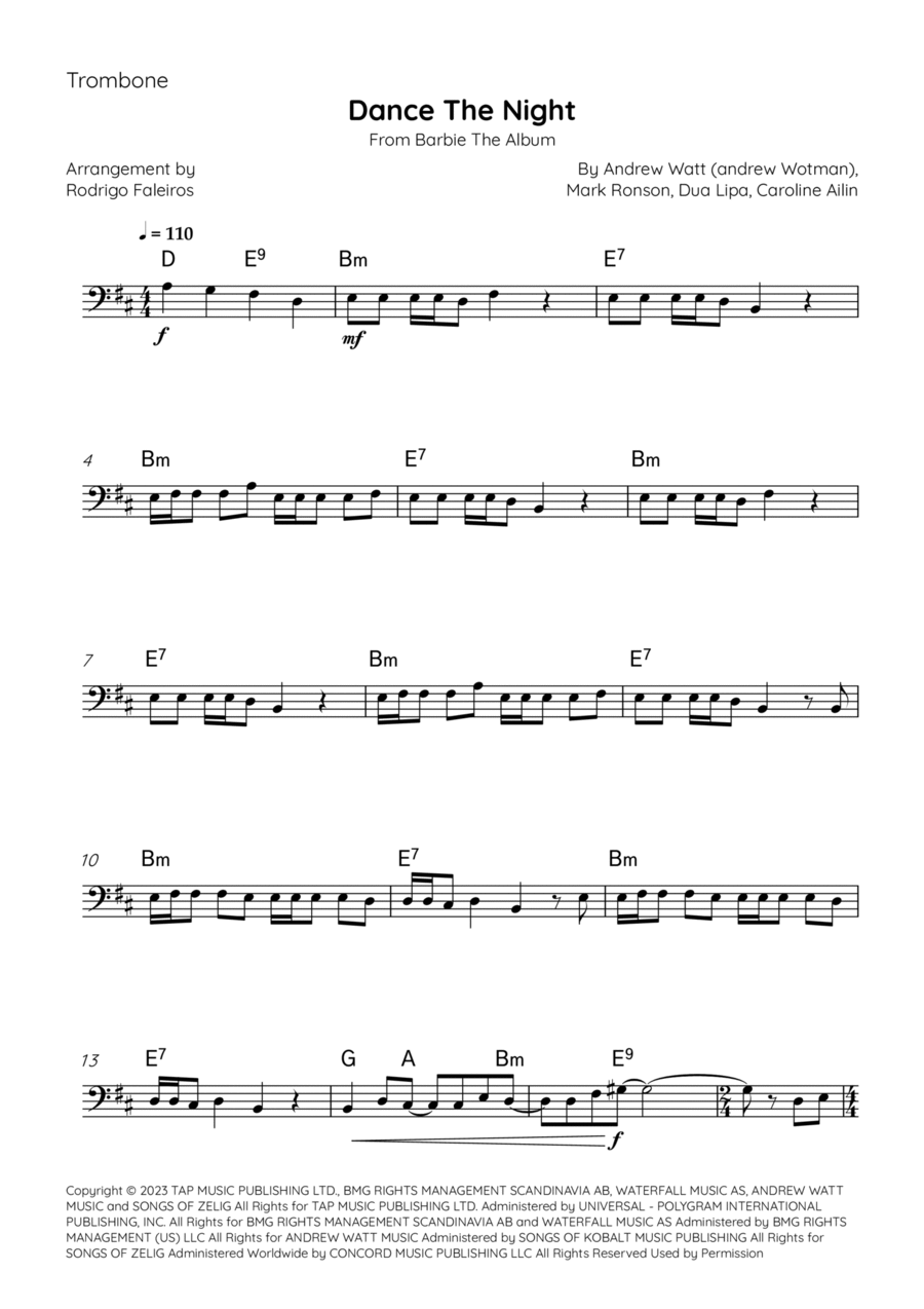 Dance The Night Dance The Night Trombone Solo scores gallery preview page 1