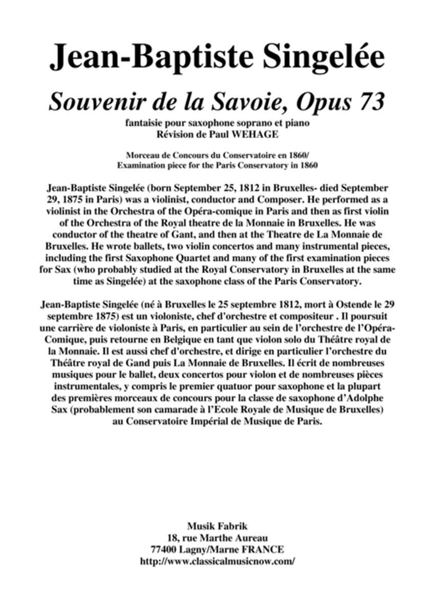 Jean-Baptiste Singelée: Souvenir de la Savoie, Opus 73 fantaisie pour saxophone soprano et piano