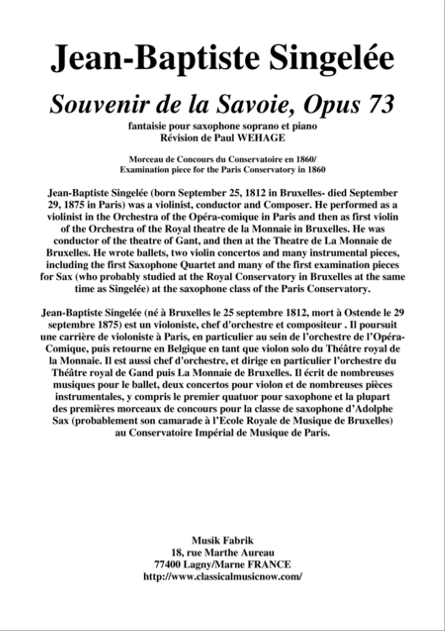 Jean-Baptiste Singelée: Souvenir de la Savoie, Opus 73 fantaisie pour saxophone soprano et piano by Paul Wehage Piano - Digital Sheet Music