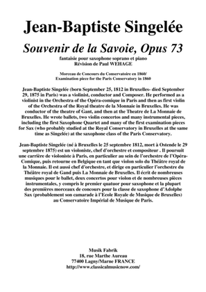 Book cover for Jean-Baptiste Singelée: Souvenir de la Savoie, Opus 73 fantaisie pour saxophone soprano et piano