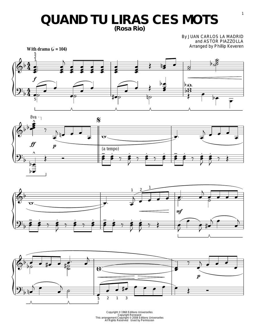 Quand tu liras ces mots (Rosa Rio) (arr. Phillip Keveren) Piano Solo scores gallery preview page 1