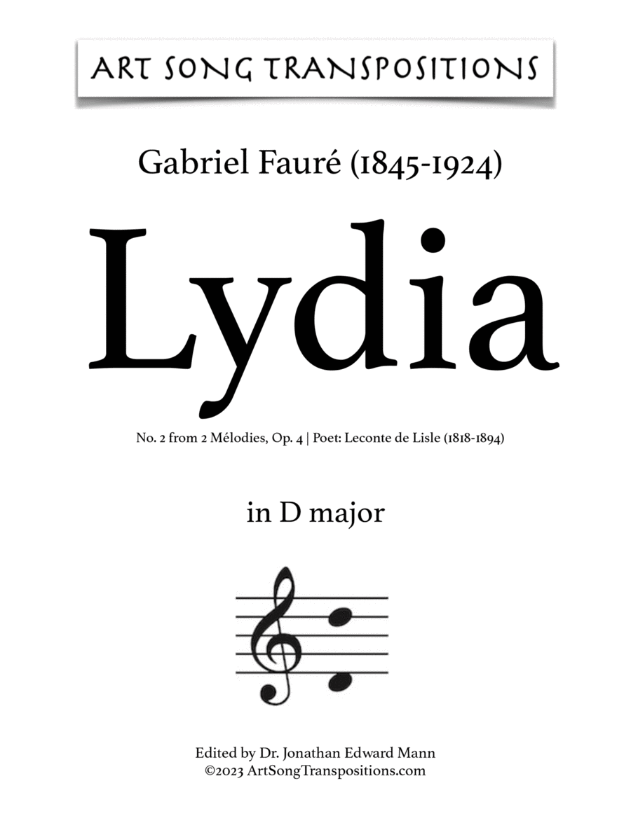 FAURÉ: Lydia, Op. 4 no. 2 (transposed to D major) Voice scores gallery preview page 1