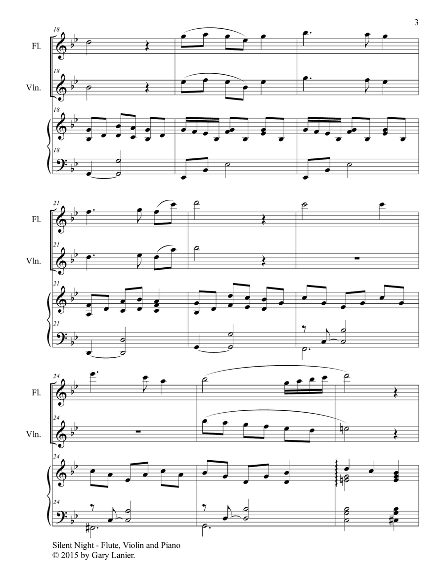 Gary Lanier: SILENT NIGHT (Trio – Flute, Violin & Piano with Score & Parts) Small Ensemble scores gallery preview page 4