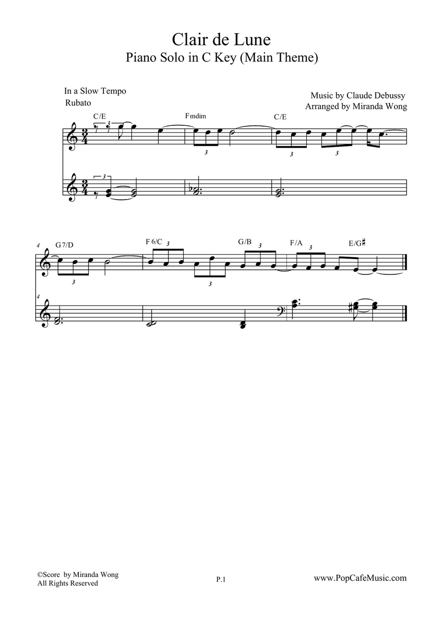 Clair de Lune (from Suite Bergamasque) in C Key - Piano Solo 4-Part scores gallery preview page 1