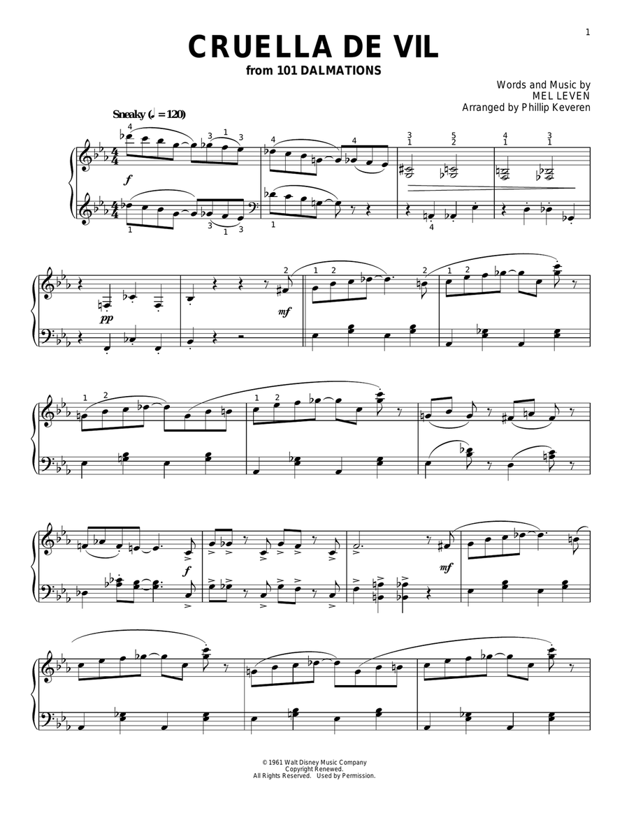 Cruella De Vil [Ragtime version] (from 101 Dalmations) (arr. Phillip Keveren) Piano Solo scores gallery preview page 1