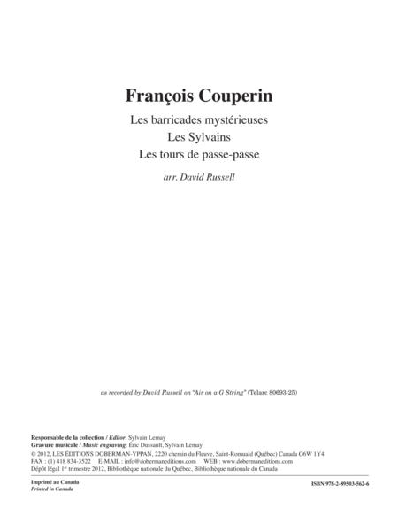 Les barricades mysterieuses, Les Sylvains, Les Tours de Passe-passe by Francois Couperin Classical Guitar - Digital Sheet Music