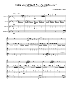 Book cover for String Quartet Op. 18 No. 6 "La Malinconia" for Saxophone Quartet (SATB)