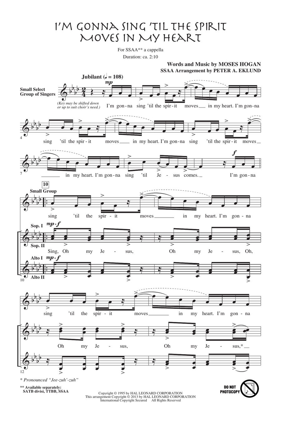 I'm Gonna Sing 'Til The Spirit Moves In My Heart SSA scores gallery preview page 1