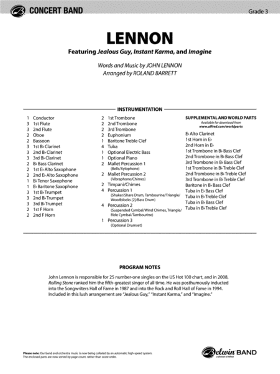 Lennon: Score Lennon: Score Concert Band scores gallery preview page 1