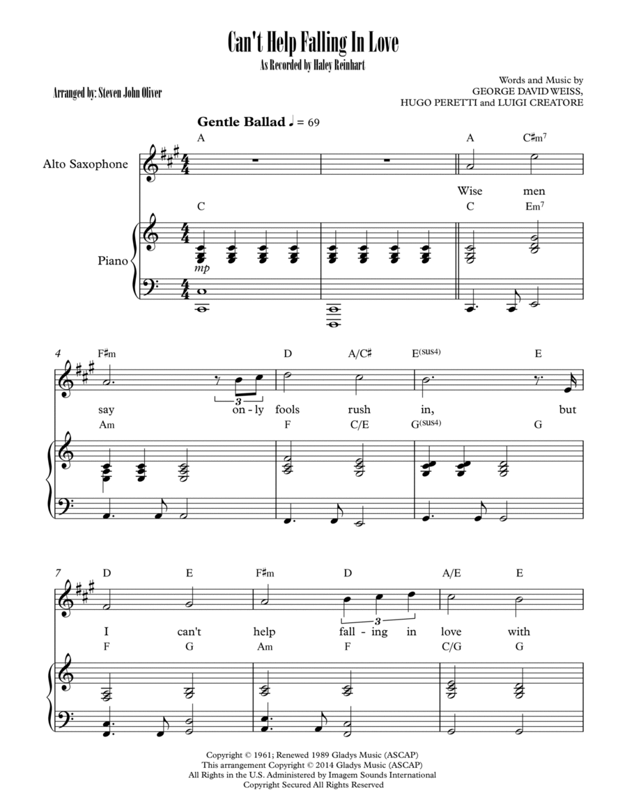 Can't Help Falling In Love Alto Saxophone scores gallery preview page 1