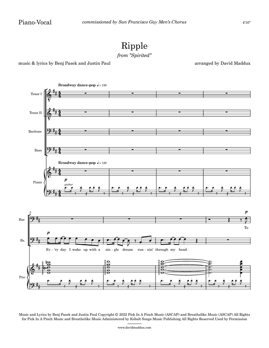 Ripple by Benj Pasek TTBB - Digital Sheet Music