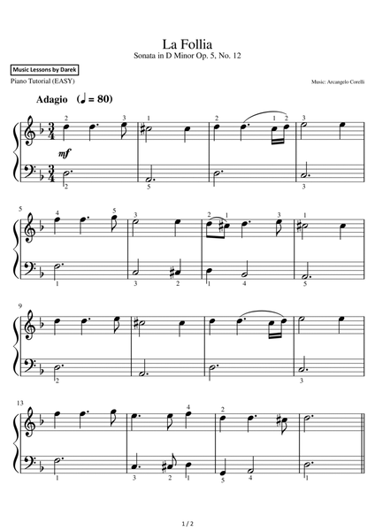 La Follia (EASY PIANO) Sonata in D Minor Op. 5, No. 12 [Arcangelo Corelli] image number null