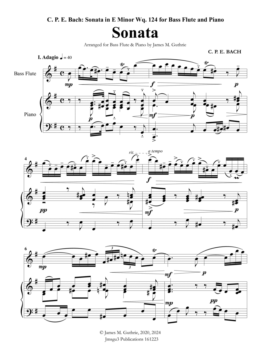 CPE BACH: Sonata in E Minor WQ124 for Bass Flute & Piano Flute Solo scores gallery preview page 1