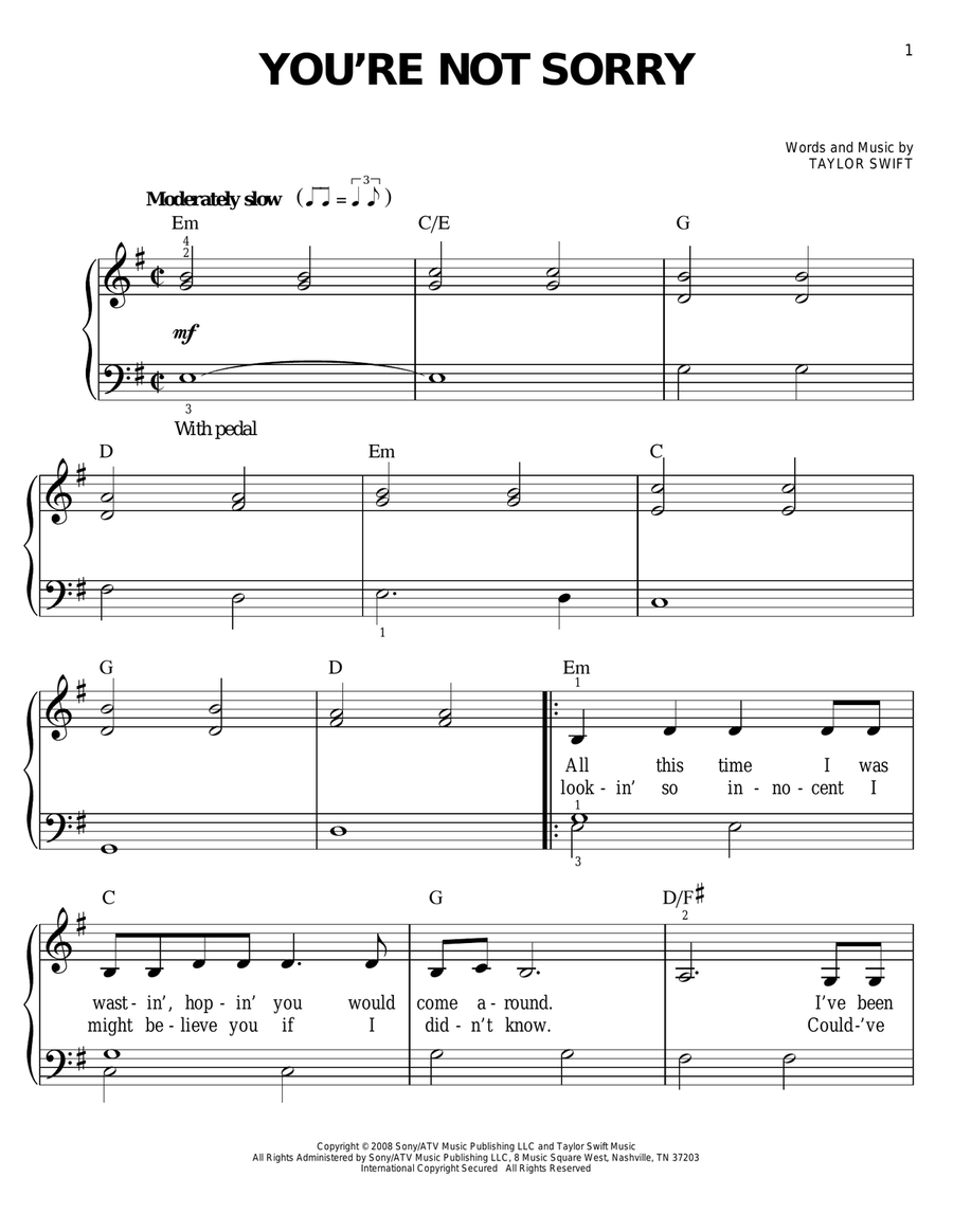 You're Not Sorry Easy Piano scores gallery preview page 1