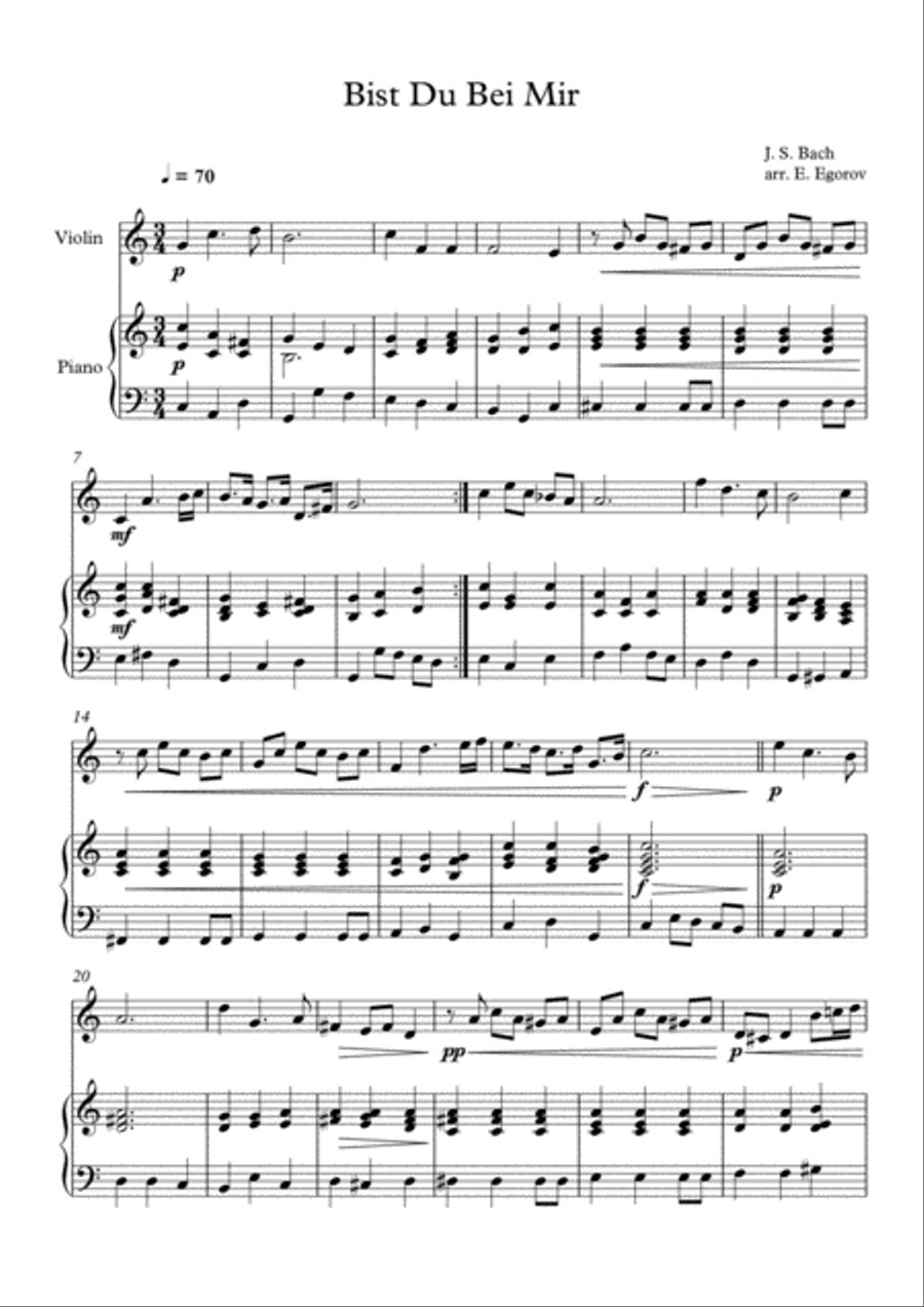 Bist Du Bei Mir, Johann Sebastian Bach, For Violin & Piano Violin Solo scores gallery preview page 1