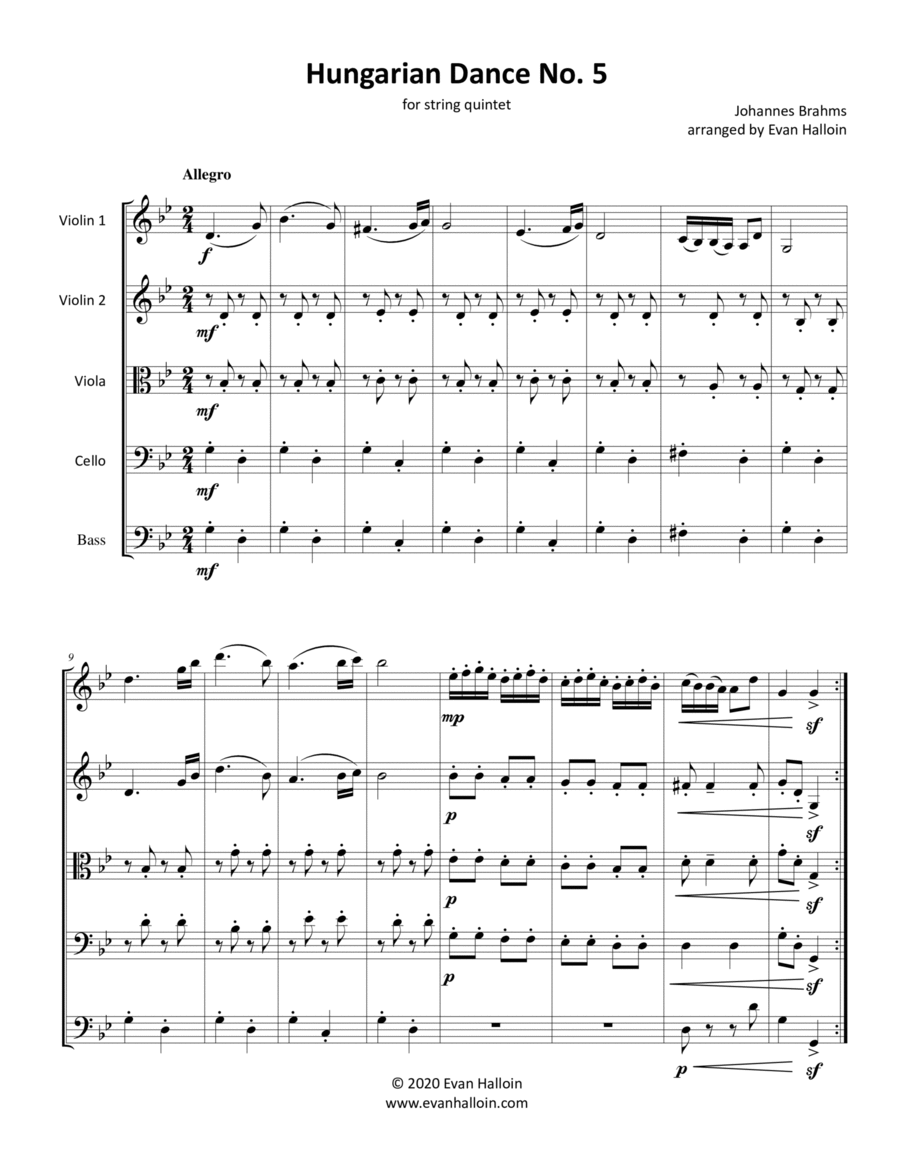 Hungarian Dance No. 5, by Johannes Brahms, for string quintet or string orchestra String Orchestra scores gallery preview page 1