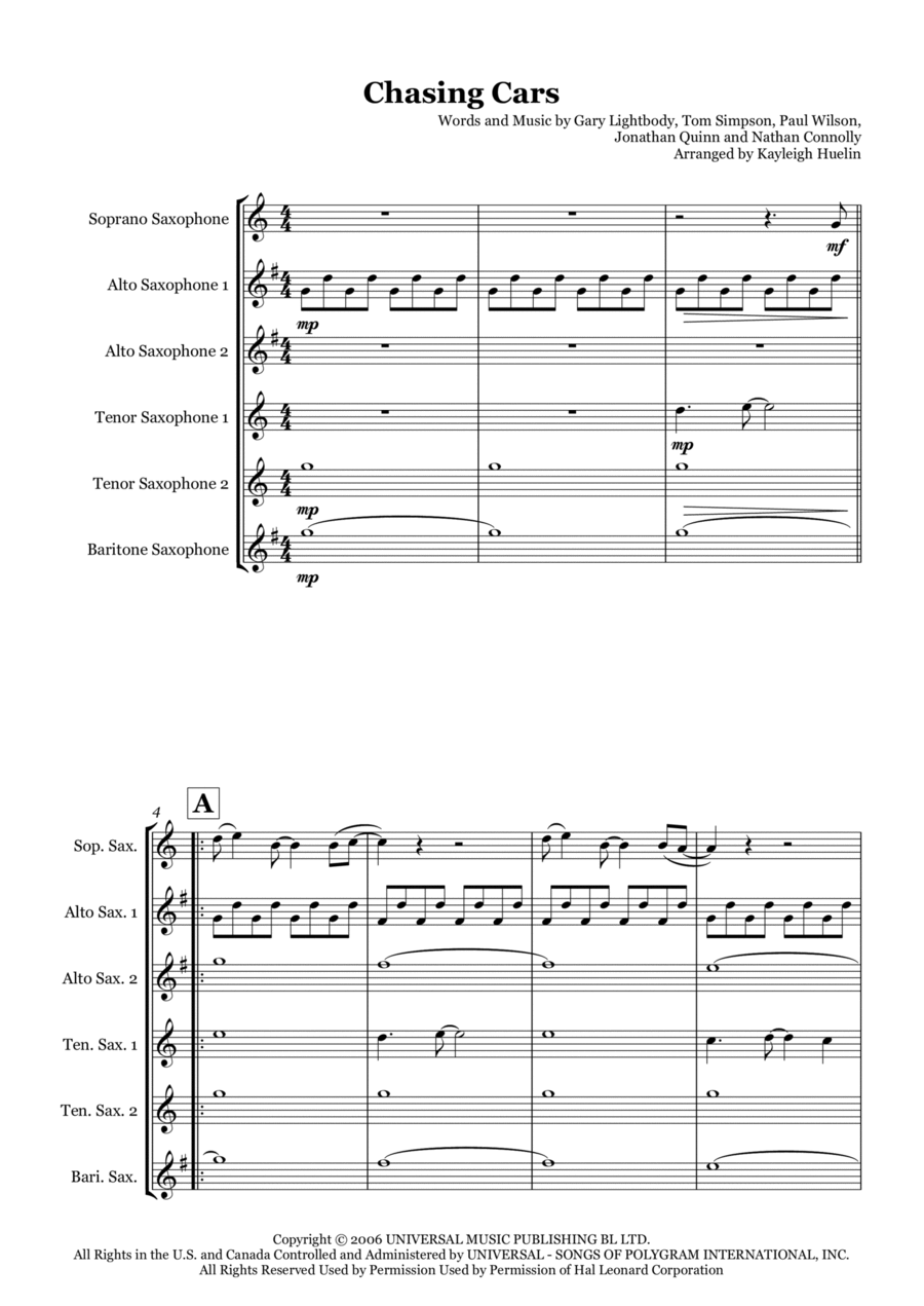 Chasing Cars Woodwind Ensemble scores gallery preview page 1