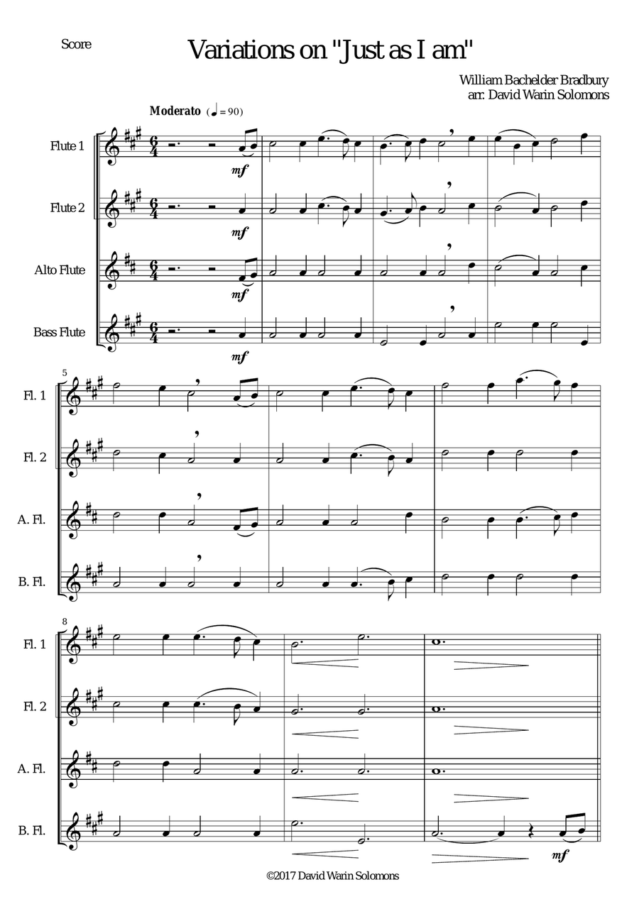 Variations on Just As I Am (Flute Quartet - 2 flutes, alto and bass flutes) Flute Quartet scores gallery preview page 1
