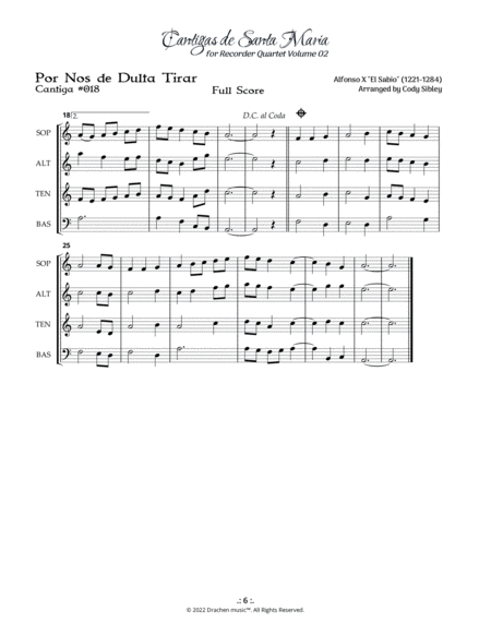 Cantigas de Santa Maria 018 Pro Nose de Dulta Tirar for Recorder Quartet image number null