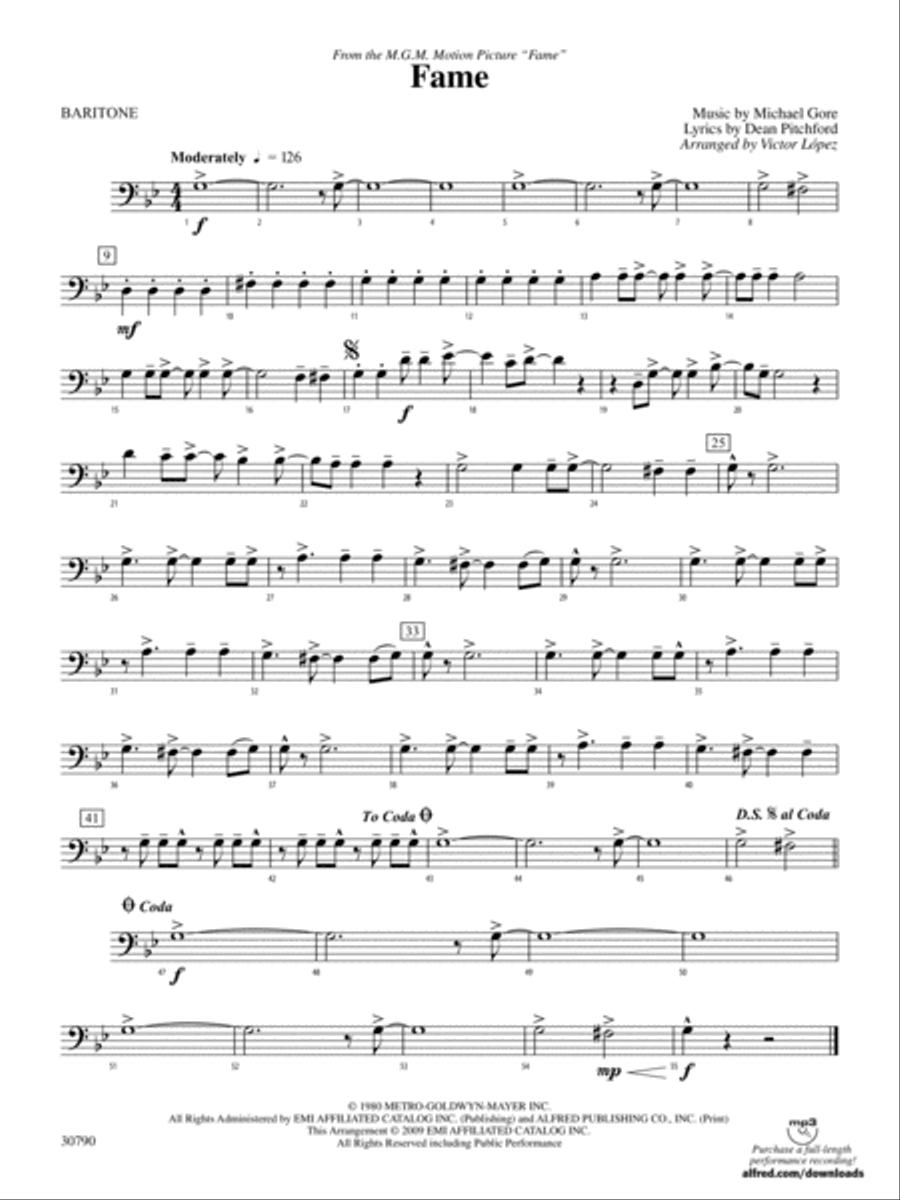 Fame (from the motion picture Fame): Baritone B.C. Concert Band scores gallery preview page 1