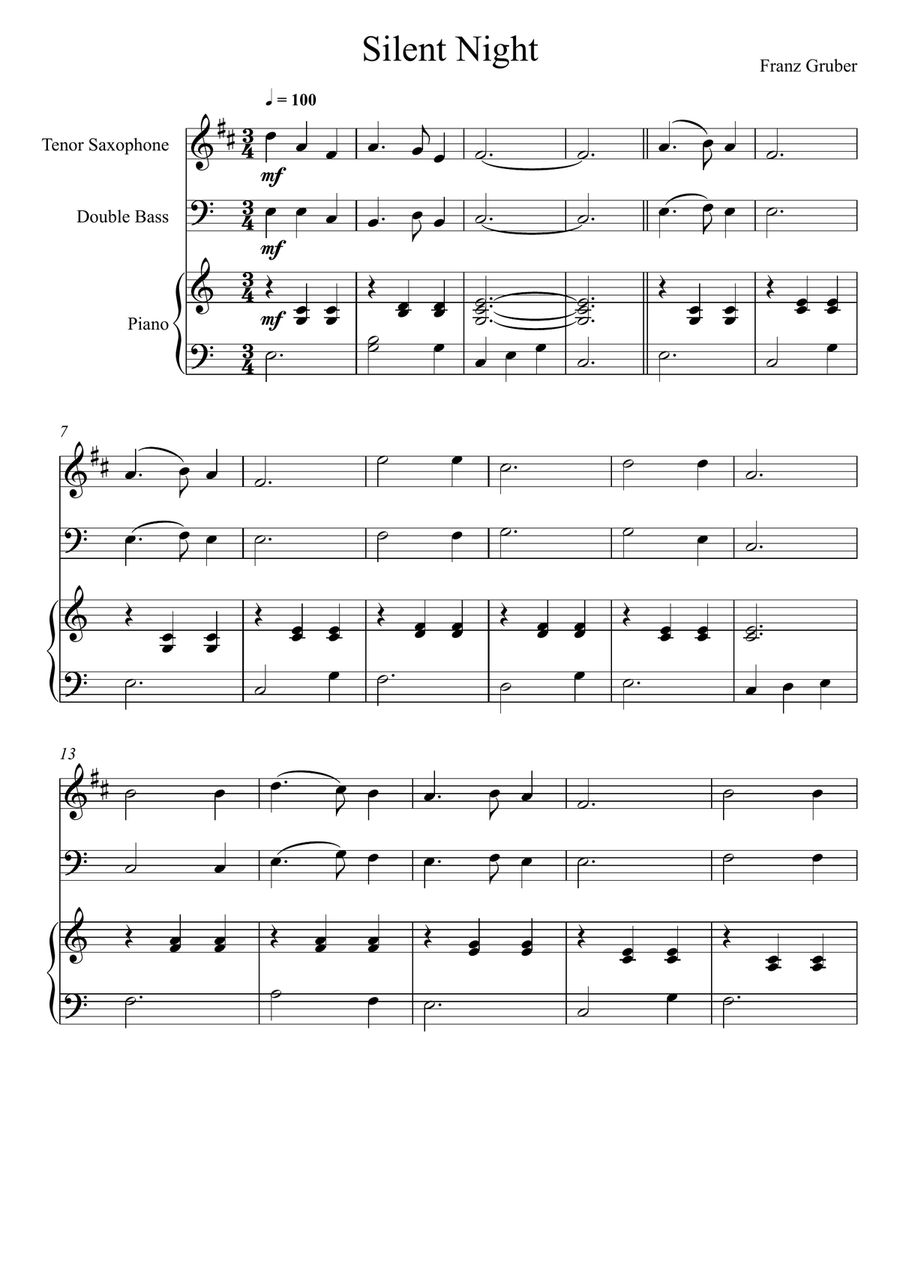 Franz Gruber - Silent Night (Tenor Saxophone and Double Bass Duet) Small Ensemble scores gallery preview page 1