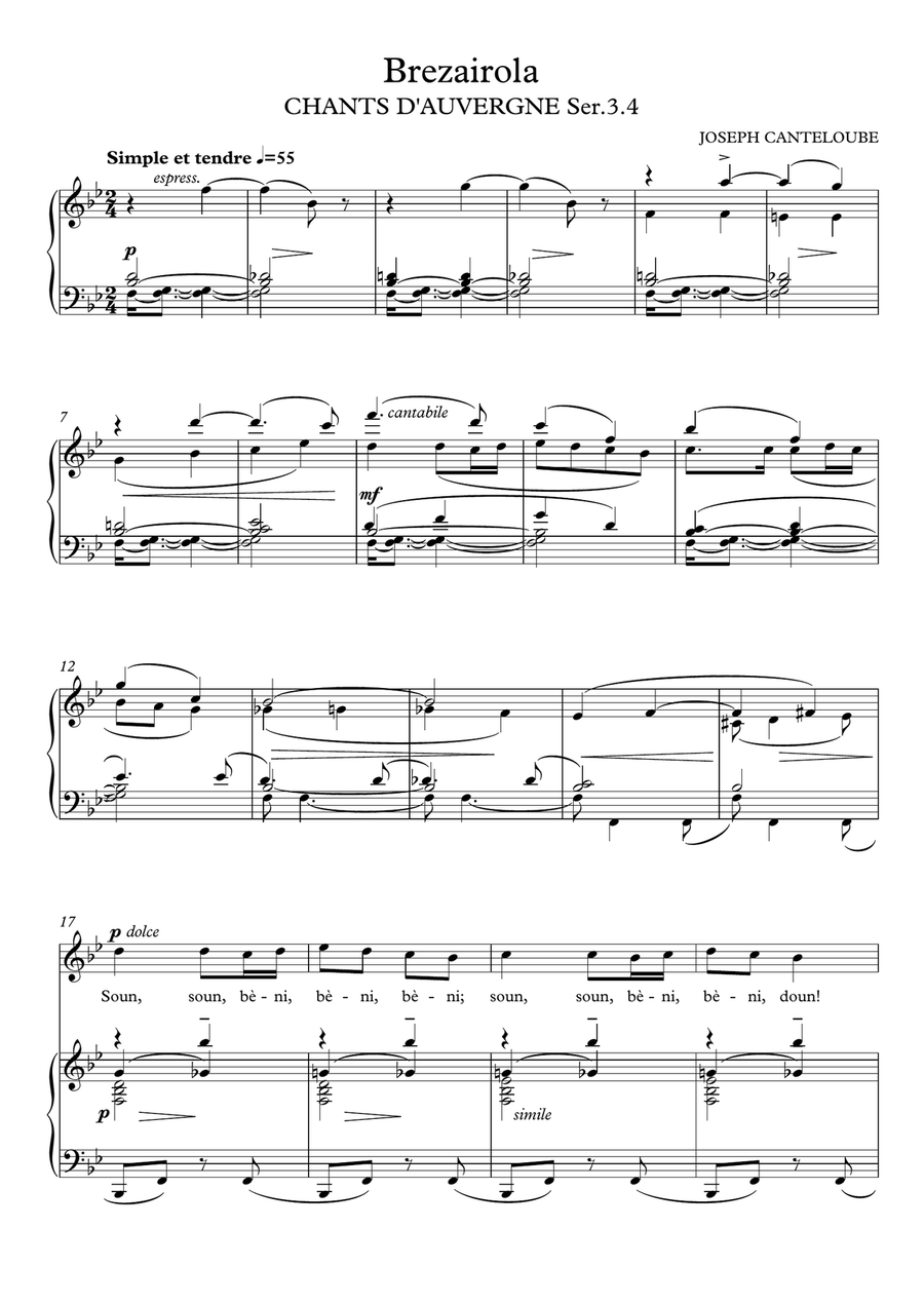 Brezairola - Chants D'Auvergne (Bb Major) Brezairola - Chants D'Auvergne (Bb Major) Piano, Vocal scores gallery preview page 2