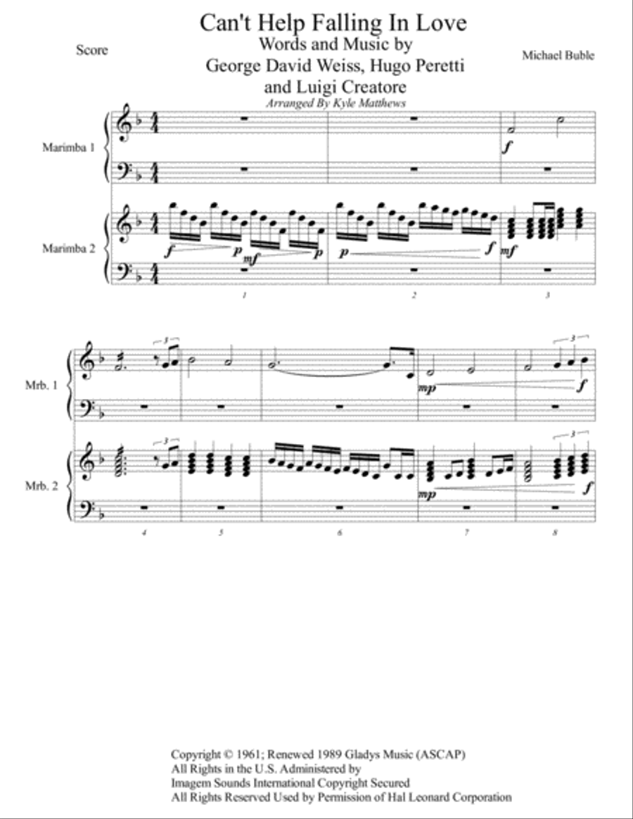 Can't Help Falling In Love Marimba scores gallery preview page 1