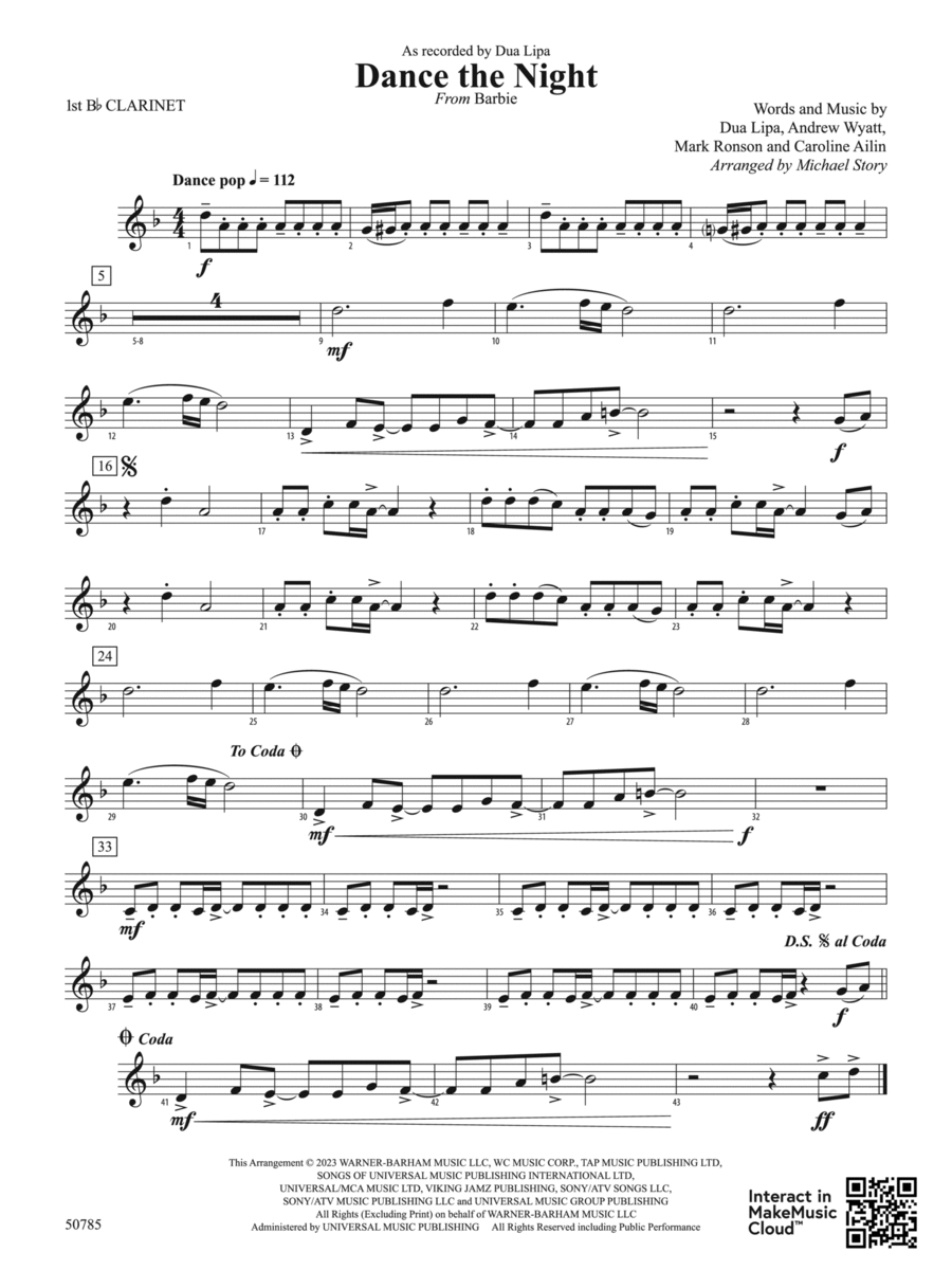 Dance the Night: 1st B-flat Clarinet Concert Band scores gallery preview page 1