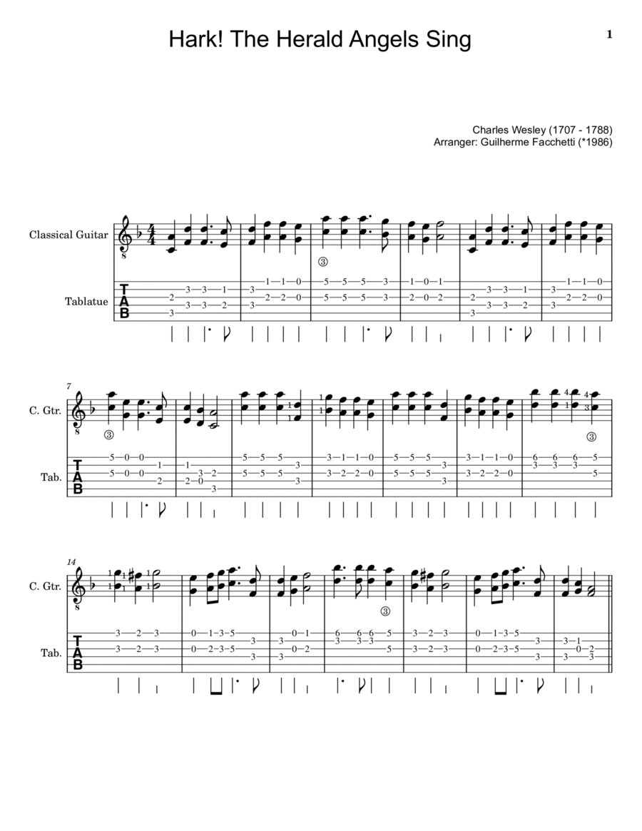 Hark! The Herald Angels Sing - Arranged for Classical Guitar (Score and Tablature) Acoustic Guitar scores gallery preview page 1